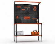 Стол-верстак Metalex серия KIT 950х1100х600 (одна полка + двойная перфопанель с комплектом освещения) (оранжево-черный)