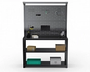 Стол-верстак Metalex серия KIT 950х1600х600 (2-е полки, двойная перфопанель с комплектом освещения) (чёрный)