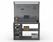 Стол-верстак Metalex серия KIT 950х1700х500 (с бок. полками, 2-мя панелями и комп. освещения) (серый)