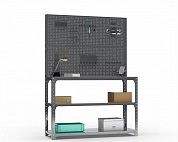 Стол-верстак Metalex серия KIT 950х1500х600 (две полки) + двойная перфопанель с комплектом аксессуаров (серый)