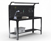 Стол металлический Metalex серия KIT 750х1200х500 (одна полка + перфопанель с комплектом освещения) (черный)