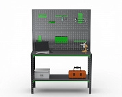 Стол-верстак Metalex серия KIT 950х1200х600 (одна полка) + двойная перфопанель с комплектом аксессуаров (серо-зеленый)