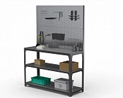 Стол-верстак Metalex серия KIT 950х1300х600 (две полки) + двойная перфопанель с комплектом аксессуаров (серый)