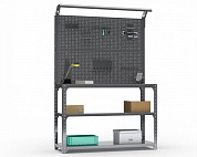 Стол-верстак Metalex серия KIT 950х1600х500 (2-е полки, двойная перфопанель с комплектом освещения) (серый)