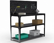 Стол-верстак Metalex серия KIT 950х1100х500 (две полки) + перфопанель с комплектом аксессуаров (черный)
