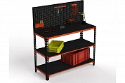 Стол-верстак Metalex 950х1400х600 (две полки) + перфопанель с комплектом аксессуаров (оранжево-чёрный)