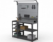 Стол-верстак Metalex серия KIT 950х1100х400 (с бок. полками, 2-мя панелями и комп. освещения) (серый)