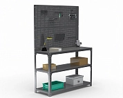 Стол-верстак Metalex серия KIT 950х1100х500 (две полки) + двойная перфопанель с комплектом аксессуаров (серый)