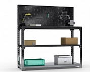Стол-верстак Metalex серия KIT 950х1300х400 (две полки) + перфопанель с комплектом аксессуаров (черный)