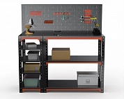 Стол-верстак Metalex серия KIT 950х1400х400 (с бок. полками, перфопанелью и комп. аксессуаров) (оранжево-черный)