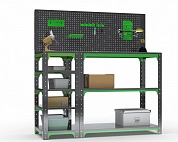 Стол-верстак Metalex серия KIT 950х1100х600 (с бок. полками, перфопанелью и комп. аксессуаров) (серо-зеленый)