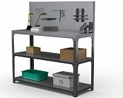 Стол-верстак Metalex серия KIT 950х1000х500 (две полки) + перфопанель с комплектом аксессуаров (серый)