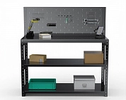 Стол-верстак Metalex серия KIT 950х1700х500 (две полки) + перфопанель с комплектом аксессуаров (черный)