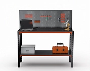 Стол-верстак Metalex серия KIT 950х1600х600 (одна полка) + перфопанель с комплектом аксессуаров (оранжево-черный)