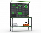 Стол-верстак Metalex серия KIT 950х1200х500 (одна полка + двойная перфопанель с комплектом освещения) (серо-зеленый)