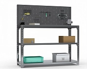 Стол-верстак Metalex серия KIT 950х1600х500 (две полки) + перфопанель с комплектом аксессуаров (серый)