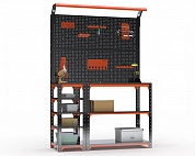 Стол-верстак Metalex серия KIT 950х1700х400 (с бок. полками, 2-мя панелями и комп. освещения) (оранжево-черный)