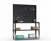 Стол-верстак Metalex серия KIT 950х1300х400 (две полки) + двойная перфопанель с комплектом аксессуаров (черный)