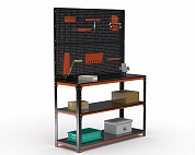 Стол-верстак Metalex серия KIT 950х1500х500 (две полки) + двойная перфопанель с комплектом аксессуаров (оранжево-черный)