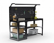 Стол металлический Metalex серия KIT 750х1600х500 (с бок. полками, перфопанелью и комплектом освещения) (черный)