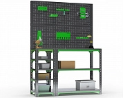 Стол-верстак Metalex серия KIT 950х1200х500 (с бок. полками, двумя перфопанелями и комп. аксессуаров) (серо-зеленый)