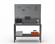 Стол-верстак Metalex серия KIT 950х1700х500 (одна полка) + двойная перфопанель с комплектом аксессуаров (серый)