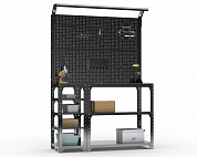 Стол-верстак Metalex серия KIT 950х1600х500 (с бок. полками, 2-мя панелями и комп. освещения) (чёрный)