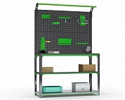 Стол-верстак Metalex серия KIT 950х1500х600 (2-е полки, двойная перфопанель с комплектом освещения) (серо-зеленый)