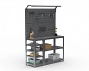 Стол-верстак Metalex серия KIT 950х1100х500 (с бок. полками, 2-мя панелями и комп. освещения) (серый)