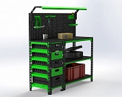 Верстак Metalex 950х1400х500 серия SUN (с бок. тумбой, 1-ой панелью и комплектом освещения)