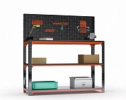 Стол-верстак Metalex серия KIT 950х1200х500 (две полки) + перфопанель с комплектом аксессуаров (оранжево-черный)
