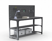Стол металлический Metalex серия KIT 750х1500х600 + две полки + перфопанель с комплектом аксессуаров (серый)