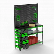 Стол-верстак Metalex c одной тумбой 950х1600х600 +  двойная перфопанель с комплектом аксессуаров
