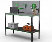 Стол-верстак Metalex серия KIT 950х1300х600 (одна полка) + перфопанель с комплектом аксессуаров (серо-зеленый)