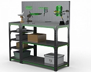 Стол-верстак Metalex серия KIT 950х1300х600 (с бок. полками, перфопанелью и комп. аксессуаров) (серо-зеленый)