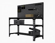 Стол металлический Metalex 750х1100х400 + две полки + перфопанель с комплектом аксессуаров (чёрный)