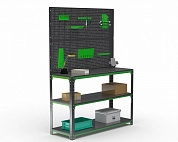 Стол-верстак Metalex серия KIT 950х1500х500 (две полки) + двойная перфопанель с комплектом аксессуаров (серо-зеленый)