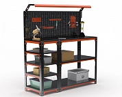 Стол-верстак Metalex серия KIT 950х1600х400 (с бок. полками, перфопанелью и комп. освещения) (оранжево-черный)