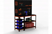 Стол-верстак Metalex 950х1400х400 (с бок. полками, двумя перфопанелями и комп. аксессуаров) оранжево-чёрный