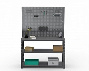 Стол-верстак Metalex серия KIT 950х1400х400 (две полки) + двойная перфопанель с комплектом аксессуаров (серый)