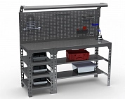 Стол металлический Metalex серия SUN 750х1200х600 (с бок. полками, перфопанелью и комплектом освещения) серый 