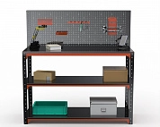 Стол-верстак Metalex серия KIT 950х1700х500 (две полки) + перфопанель с комплектом аксессуаров (оранжево-черный)