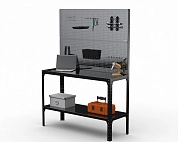 Стол-верстак Metalex серия KIT 950х1000х500 (одна полка) + двойная перфопанель с комплектом аксессуаров (черный)