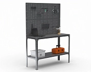 Стол-верстак Metalex серия KIT 950х1200х400 (одна полка) + двойная перфопанель с комплектом аксессуаров (серый)