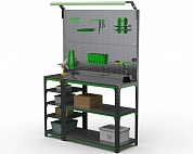Стол-верстак Metalex серия KIT 950х1100х400 (с бок. полками, 2-мя панелями и комп. освещения) (серо-зеленый)