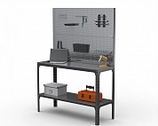 Стол-верстак Metalex серия KIT 950х1400х500 (одна полка) + двойная перфопанель с комплектом аксессуаров (серый)
