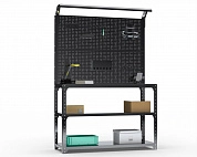 Стол-верстак Metalex серия KIT 950х1700х400 (2-е полки, двойная перфопанель с комплектом освещения) (чёрный)