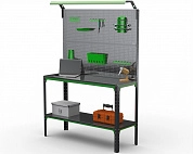 Стол-верстак Metalex серия KIT 950х1800х500 (одна полка + двойная перфопанель с комплектом освещения) (серо-зеленый)
