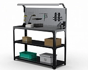 Стол-верстак Metalex серия KIT 950х1100х400 (2-е полки, + перфопанель с комплектом освещения) (чёрный)