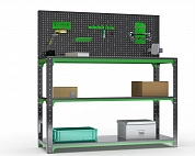 Стол-верстак Metalex серия KIT 950х1500х600 (две полки) + перфопанель с комплектом аксессуаров (серо-зеленый)